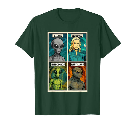 Gray Alien, Nordic, Insectoid, Reptilian - 4 Alien Species T-Shirt