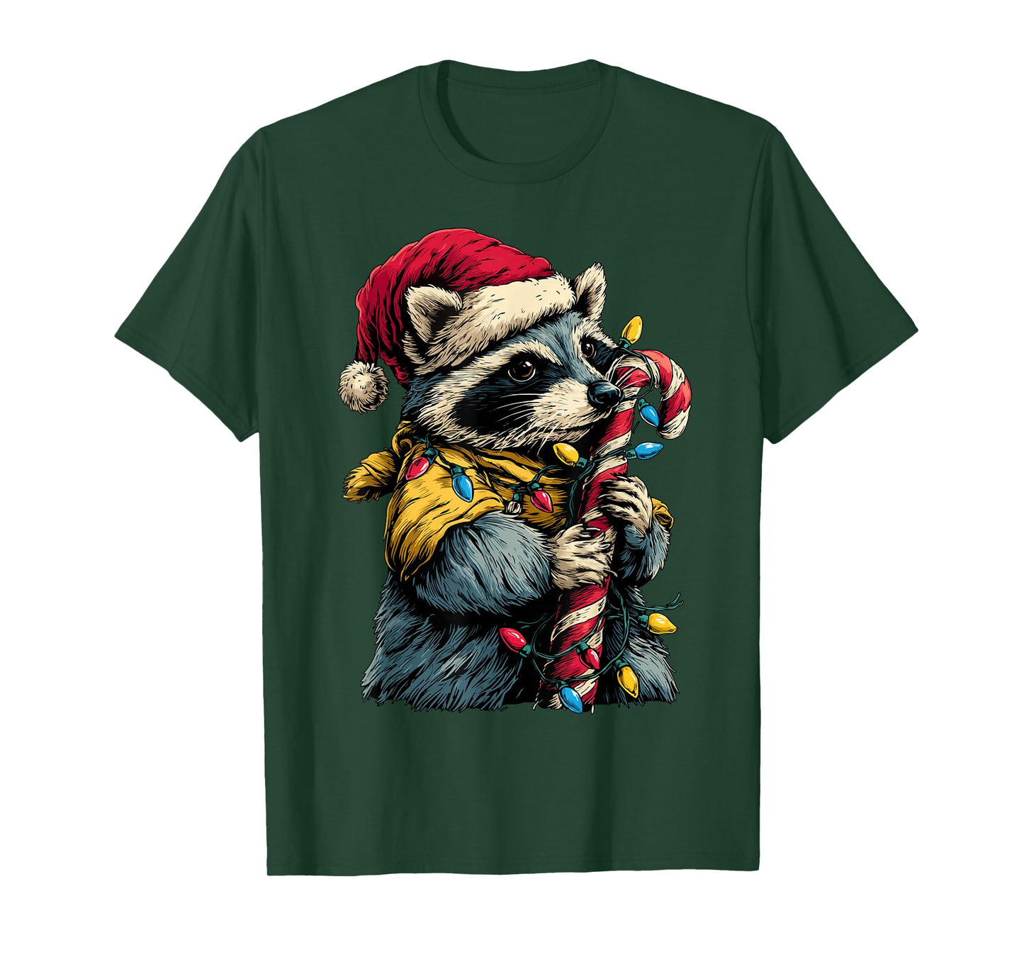 Cute Raccoon with Candy and Christmas Lights Festive Animal T-Shirt
