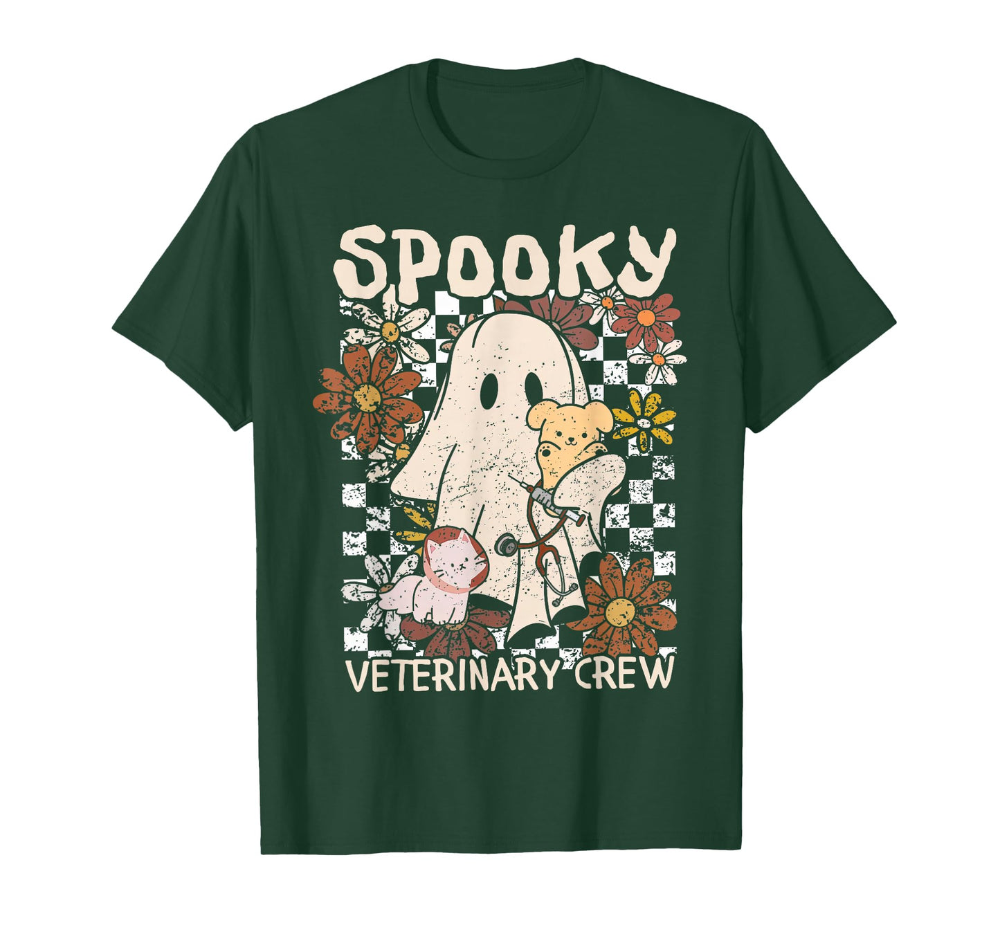 Spooky Ghost Holding Dog Cat Veterinarian Halloween Vet Tech T-Shirt