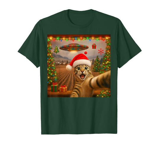 Funny Cat Selfie with Alien UFO Christmas Lights Santa Hat T-Shirt