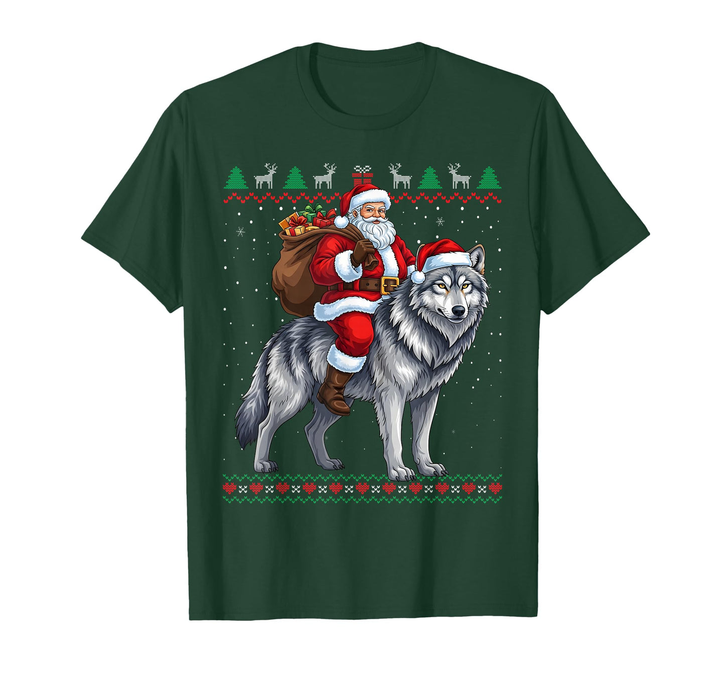 Santa Riding a Wolf Christmas Funny Ugly Sweater T-Shirt