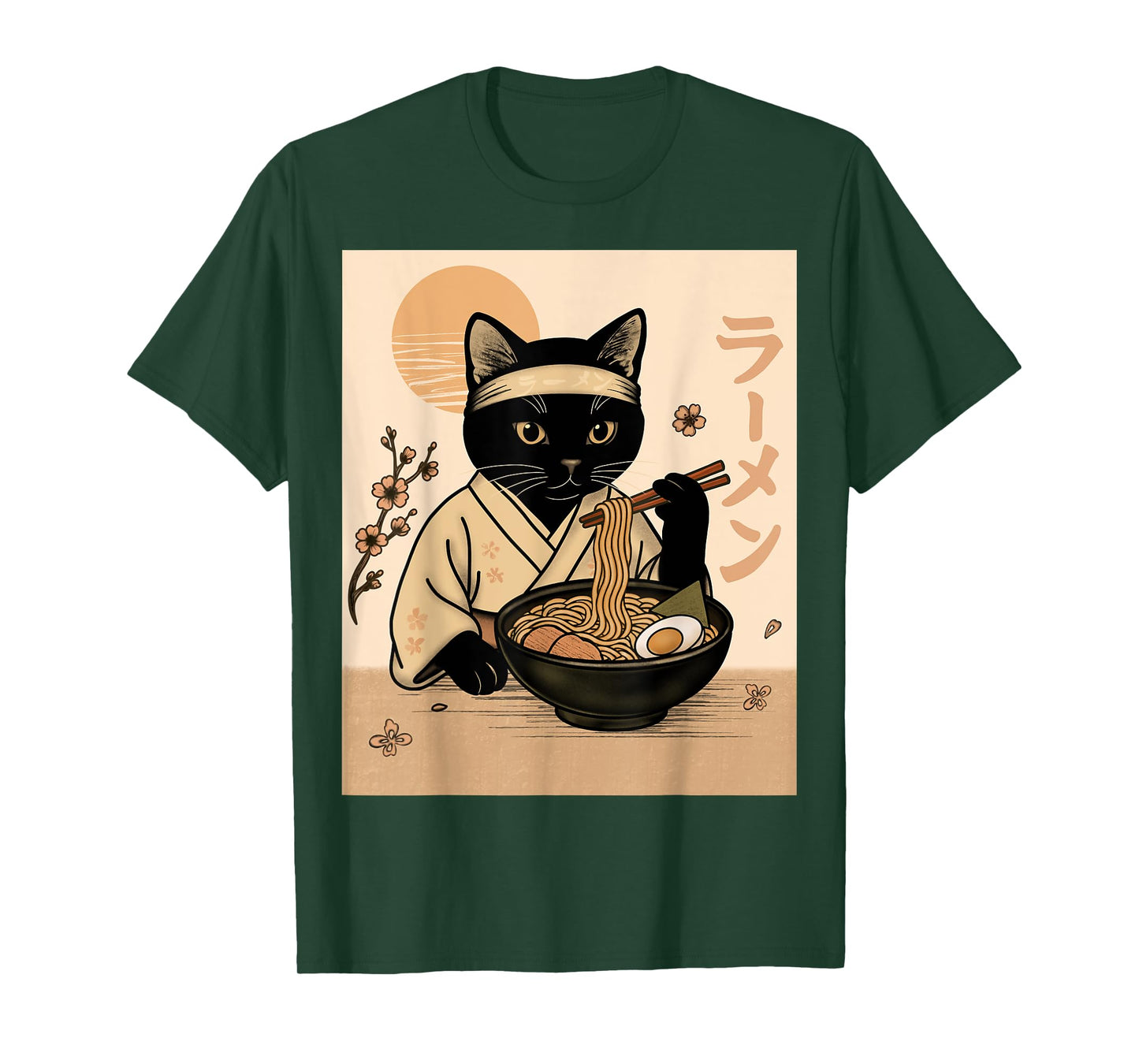 Samurai Cat Eating Ramen in Kimono Japanese Food Art T-Shirt