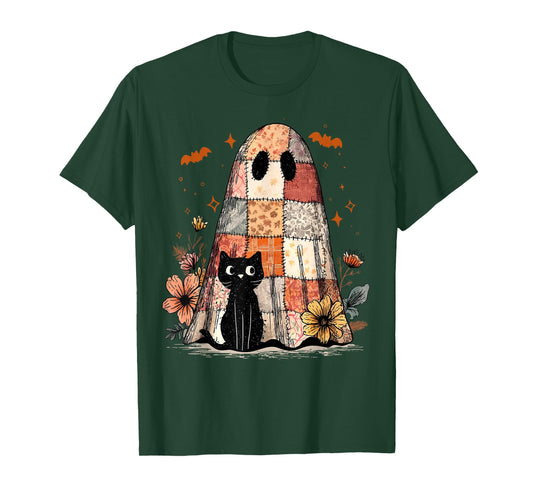 Happy Halloween Cute Ghost Patchwork Black Cat Spooky Season T-Shirt