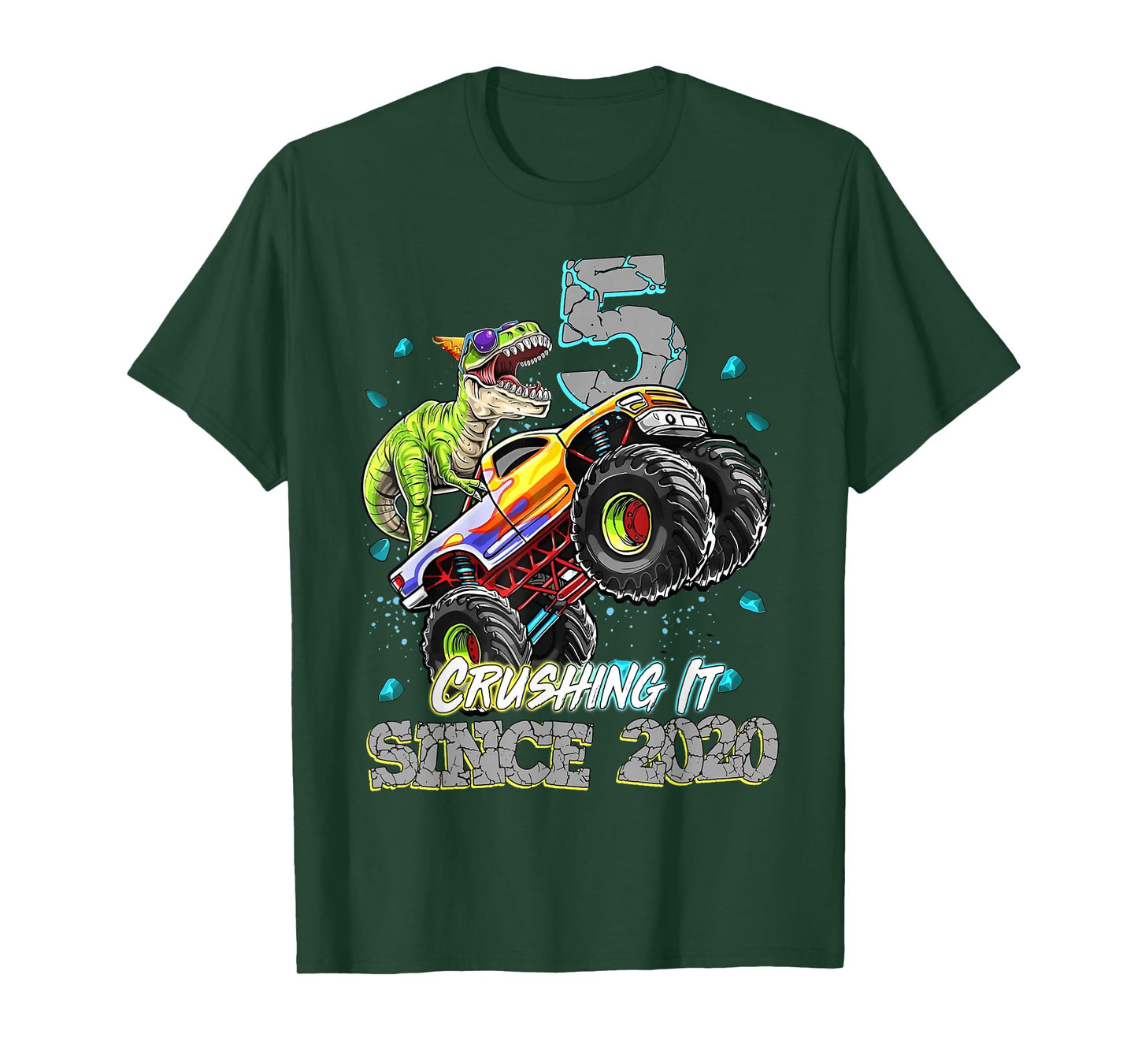 5th Birthday Since 2020 Monster Truck Dinosaur Birthday Boy T-Shirt