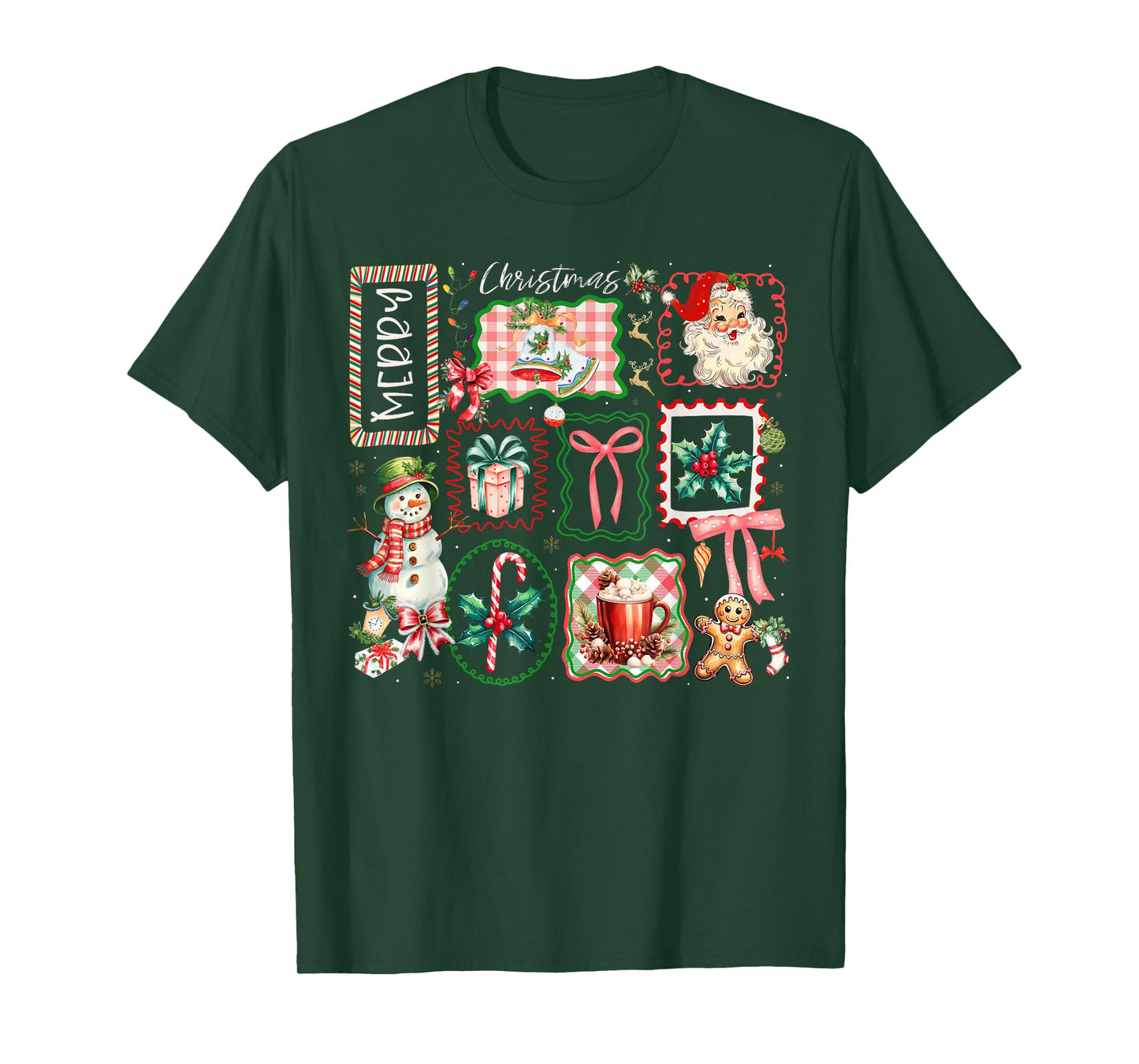 Merry Christmas Santa Snowman Candy Cane Gingerbread Bow T-Shirt