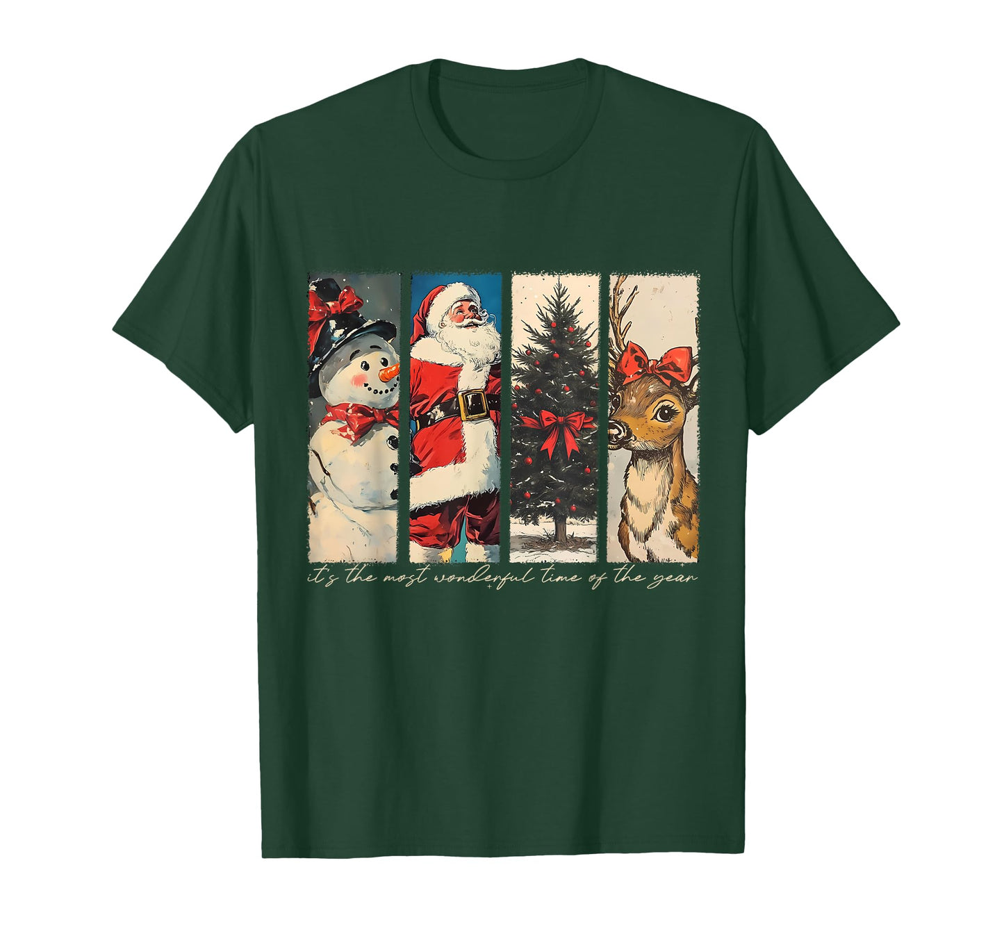 Retro Christmas Santa Claus Snowman Reindeer Christmas Tree T-Shirt