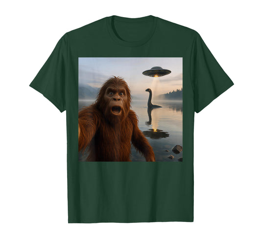 Funny Bigfoot Selfie with Loch Ness Monster and UFO Aliens T-Shirt