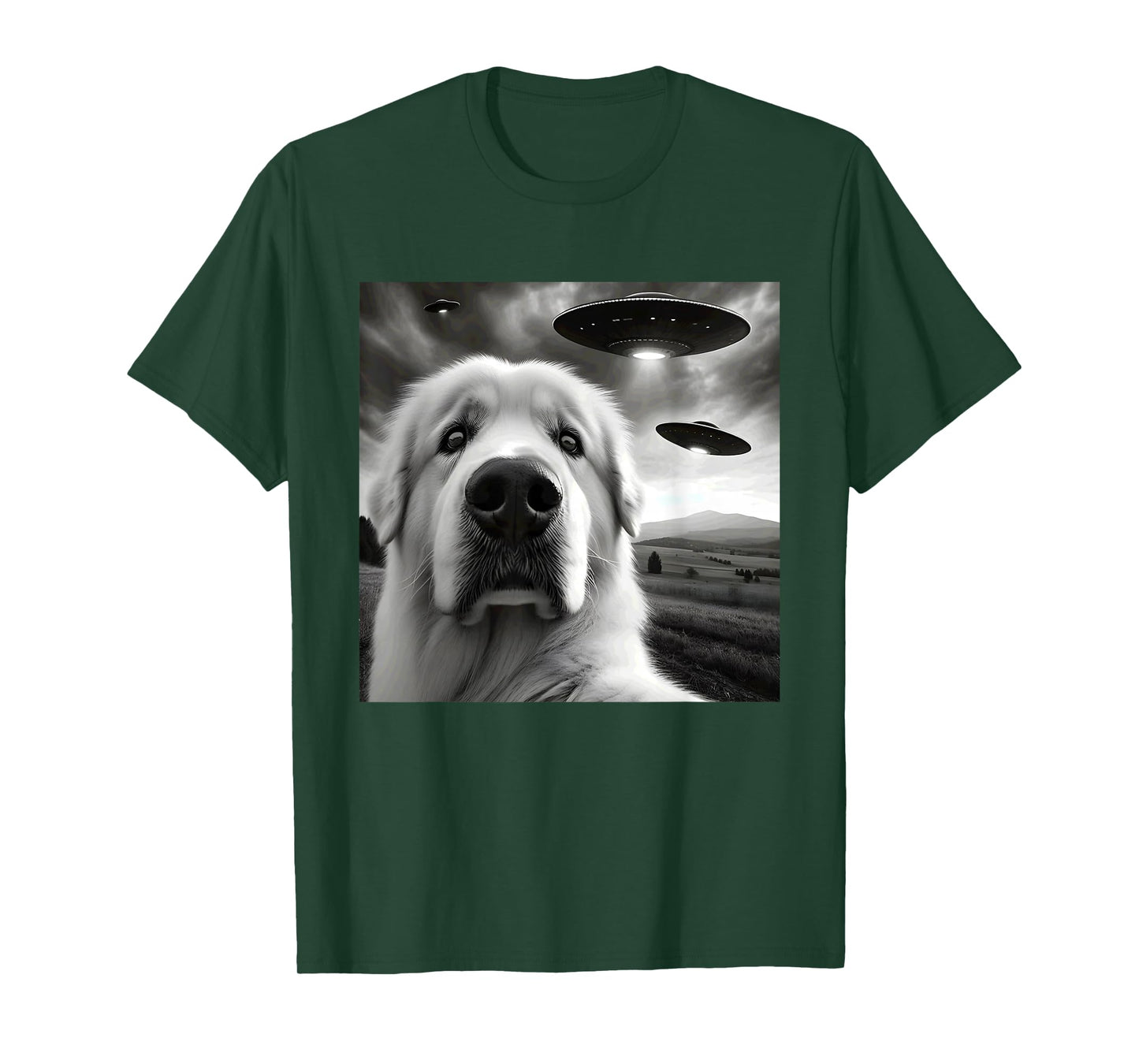 Great Pyrenees Funny Graphic Selfie with UFOs Weird Aliens T-Shirt