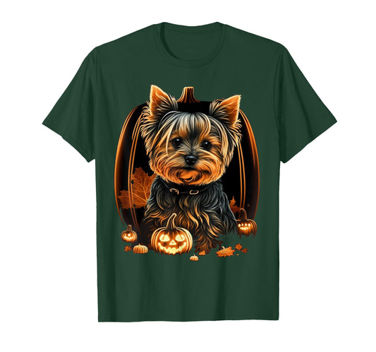 Pumpkin Yorkie Costume on Yorkshire Terrier Halloween T-Shirt