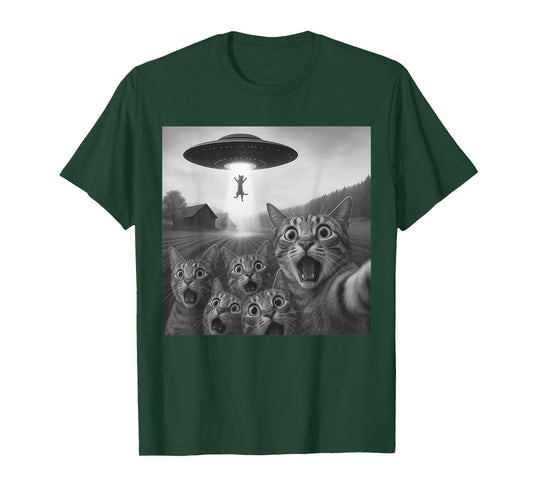 Cat Selfie With Alien UFO For Men Women Kids Funny Cat UFO T-Shirt