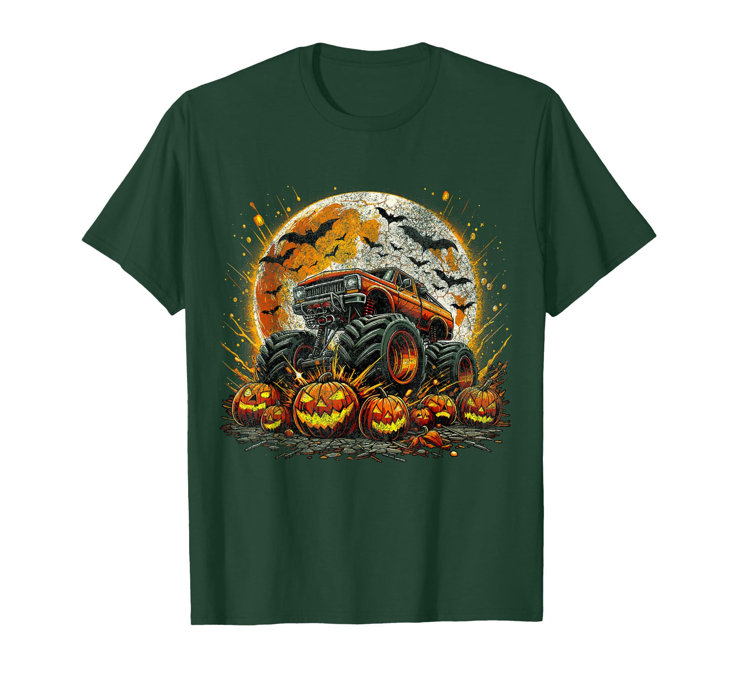 Monster Truck Pumpkin Halloween Jack O Lantern Moon T-Shirt