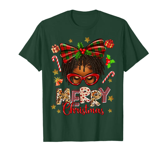African American Woman Locs Hair Santa Hat Merry Christmas T-Shirt