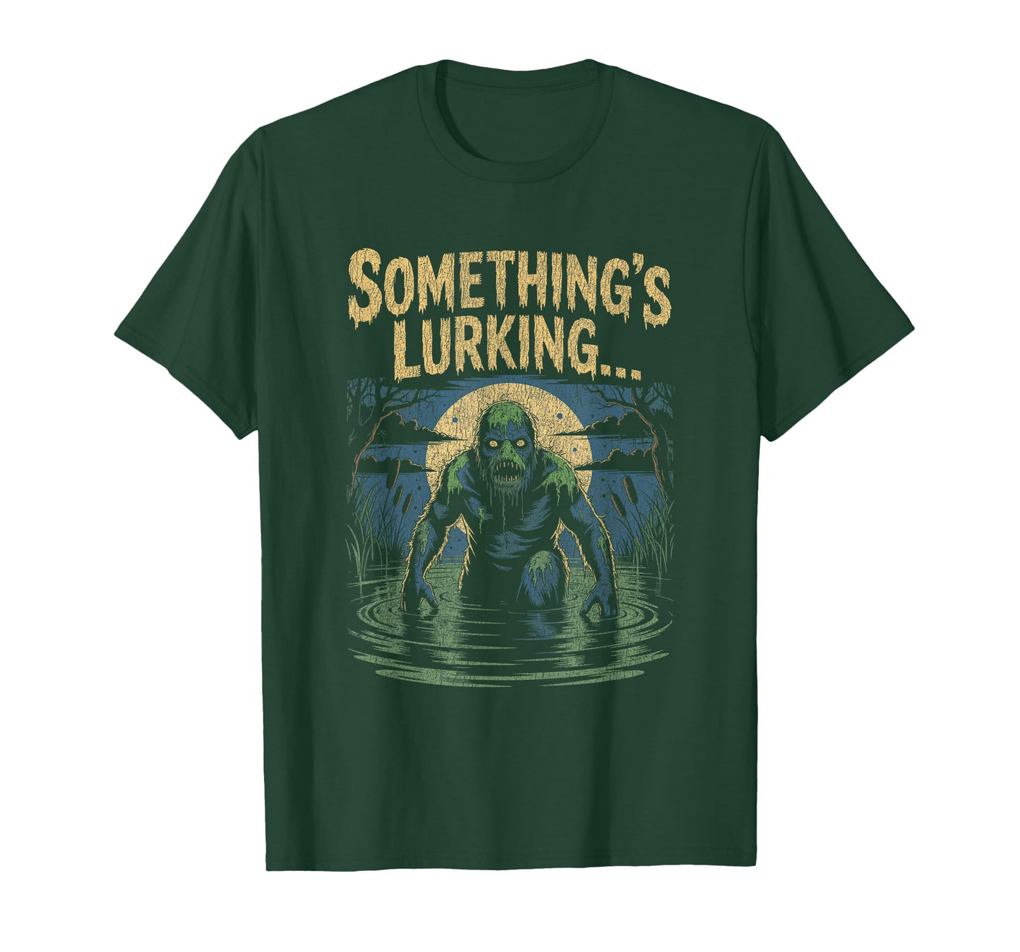Swamp Creature Emerging from Water Under Full Moon Halloween T-Shirt