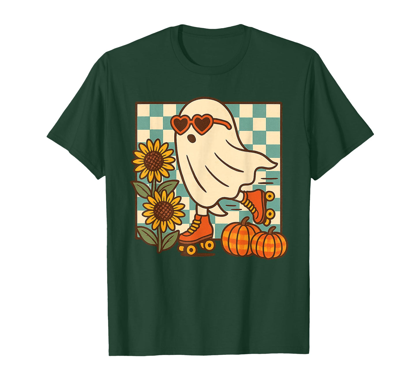 Retro Fall Ghost Roller Skating Halloween Graphic T-Shirt