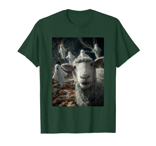 Funny Sheep Selfie Ghosts Haunted Forest Halloween Animal T-Shirt