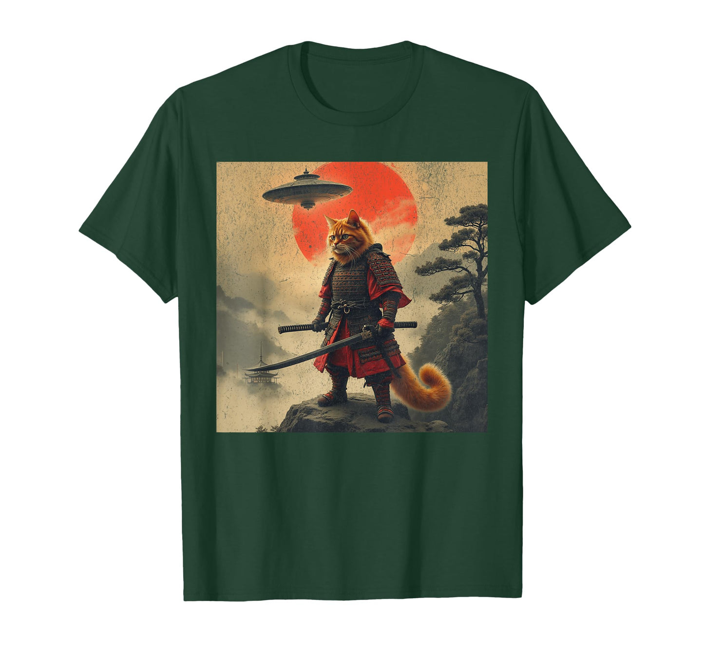 Samurai Orange Cat Warrior Japanese UFO Vintage Ukiyo-e Art T-Shirt