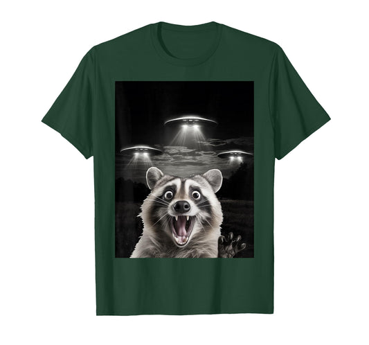 Funny Animal Ufo Alien Selfie Shop - Unisex-Adults UFO Racoon Meme T-Shirt - Black, Small