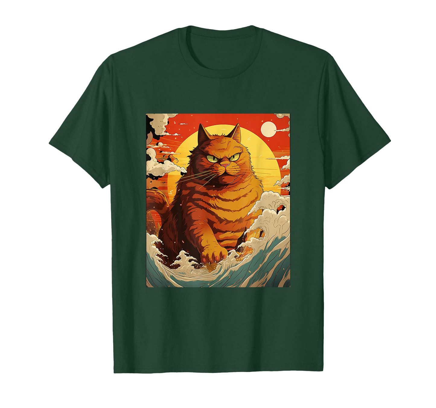 Catzilla Vintage Funny Cute Cat Art Japanese Sunset Waves T-Shirt for Men Women