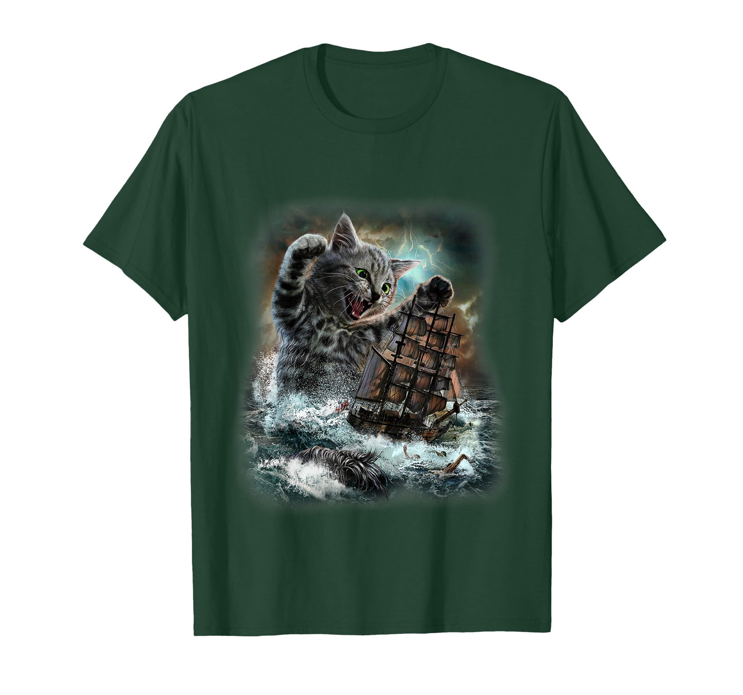 Giant Cat as Kraken Sea Monster Ambush a War Ship in Ocean T-Shirt