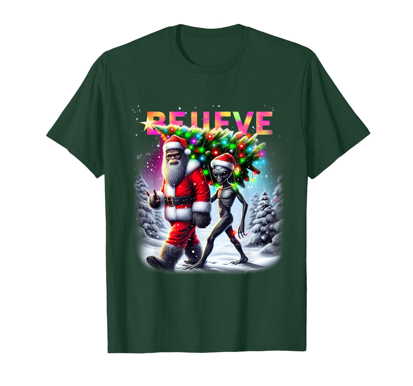 Believe Funny Alien and Bigfoot Christmas Design T-Shirt
