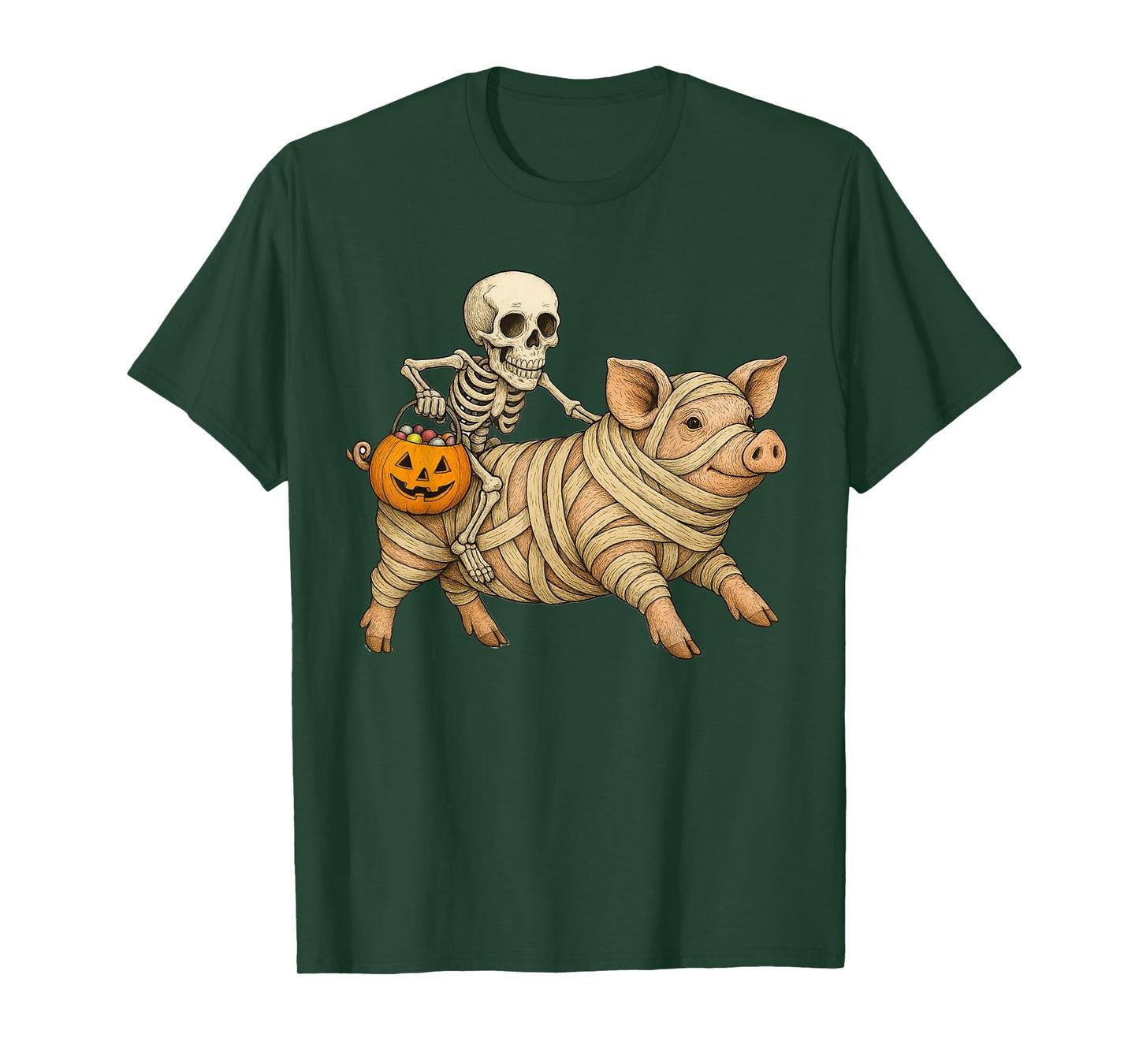 Skeleton Riding Mummy Pig Halloween Funny Pumpkin T-Shirt