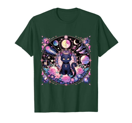 Moon Phases Crystal Witchy Cute Black Cat Kawaii Pastel Goth T-Shirt