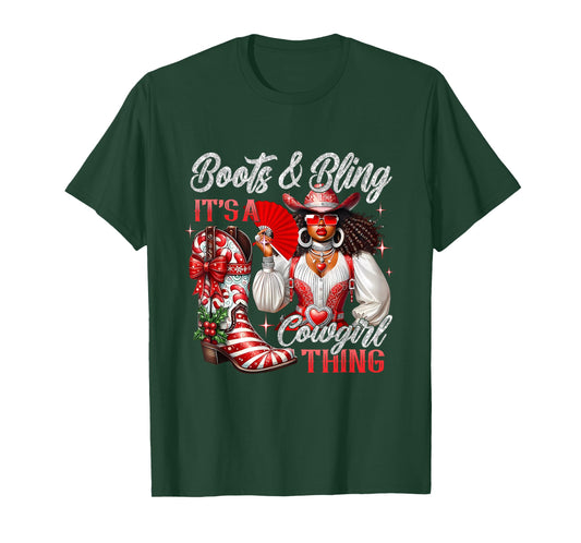 Merry Christmas Boots & Bling Its A Cowgirl Thing Afro Girls T-Shirt