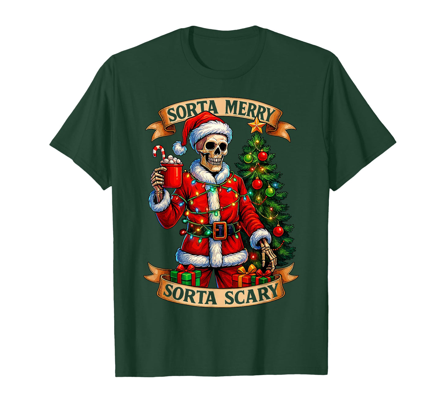 Sorta Merry Sorta Scary Christmas Funny Skeleton Xmas Tree T-Shirt