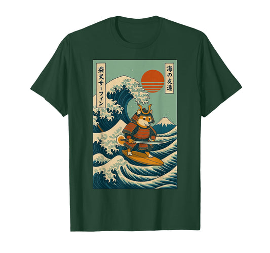 Shiba Inu Samurai Surfing Japanese Wave T-Shirt