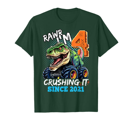 4th Birthday Monster Truck Dinosaur Party Boys Rawr I'm 4 T-Shirt