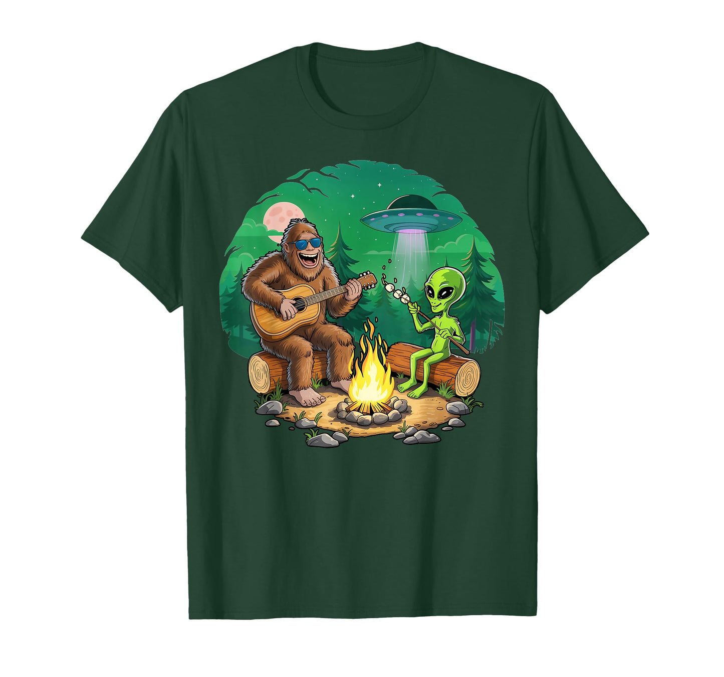 Funny Alien and Big Foot Campfire Moon Adventure Hiking T-Shirt