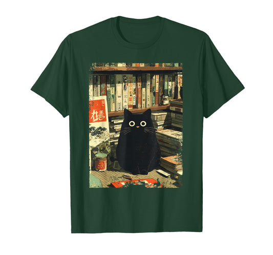 Vintage Japanese Cat Book Lovers Librarian Cat Dad Teacher T-Shirt
