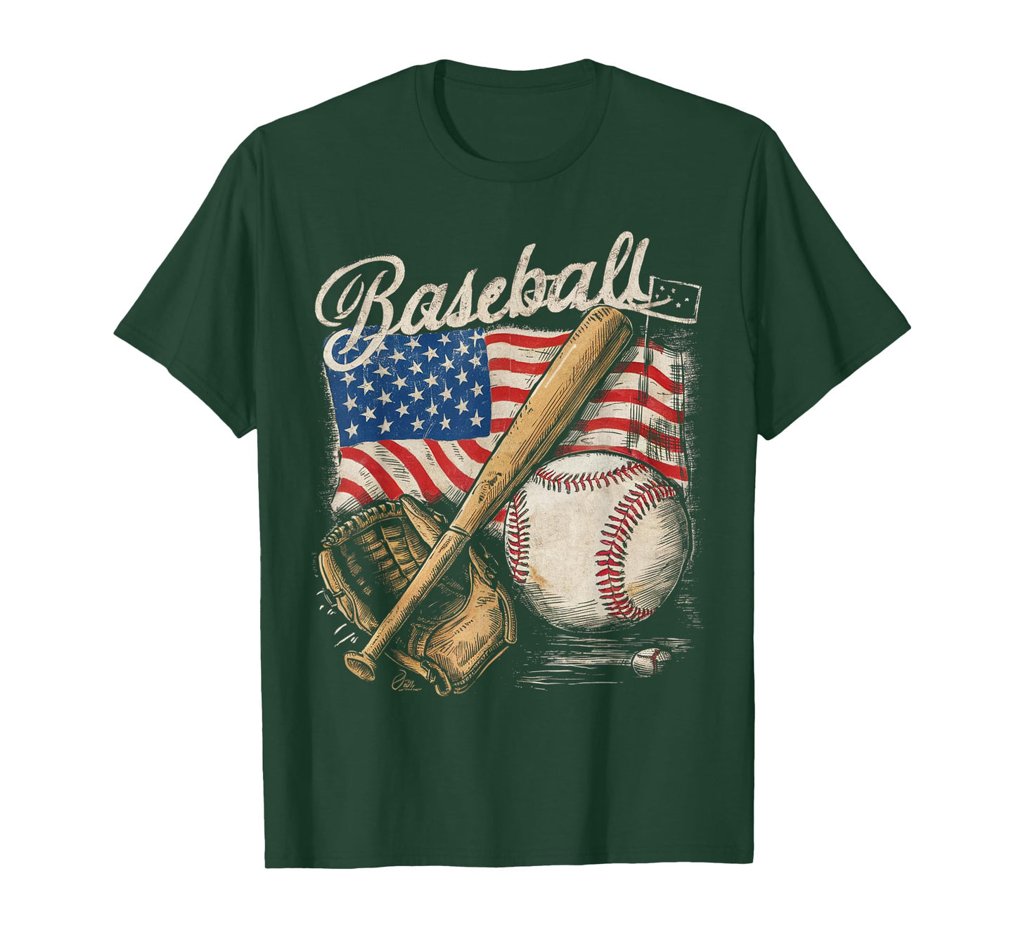 American Flag Baseball Player Bat Fan Catcher Pitcher USA T-Shirt