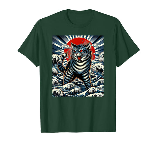 Kitty Kanagawa Cat Japanese Woodblock Catzilla Great Wave T-Shirt