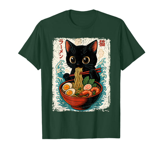 Kawaii Cat Eating Ramen Anime Japanese Noodles Cat Lover T-Shirt