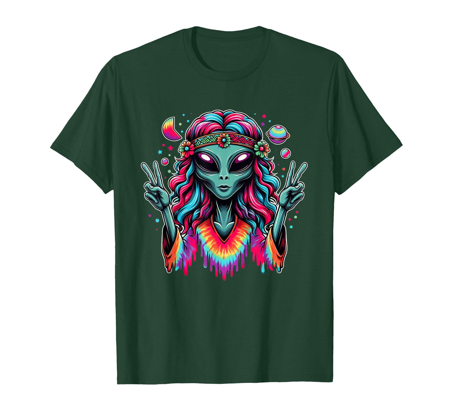 Tie Dye Alien Peace Sign Funny Boho Hippie T-Shirt