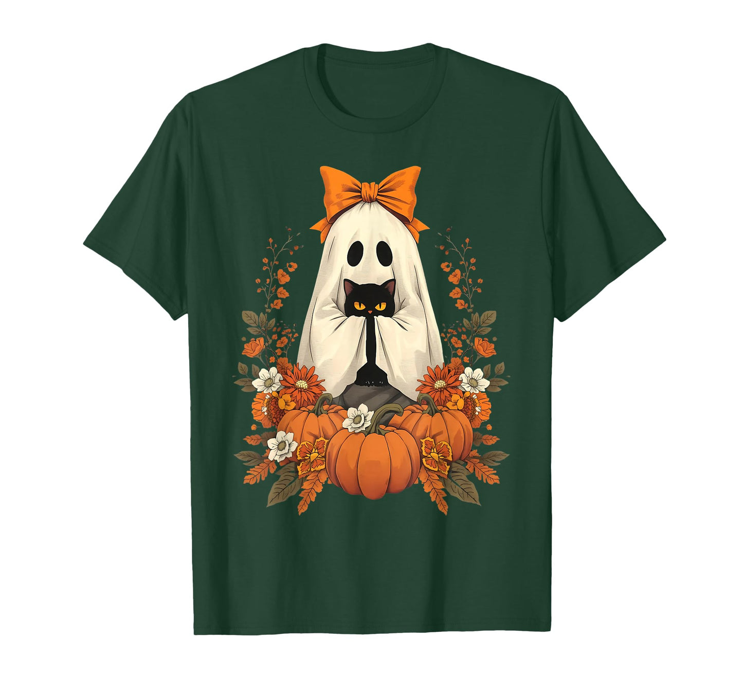 Vintage Halloween Ghost Holding Cat Groovy Floral Cat Meme T-Shirt