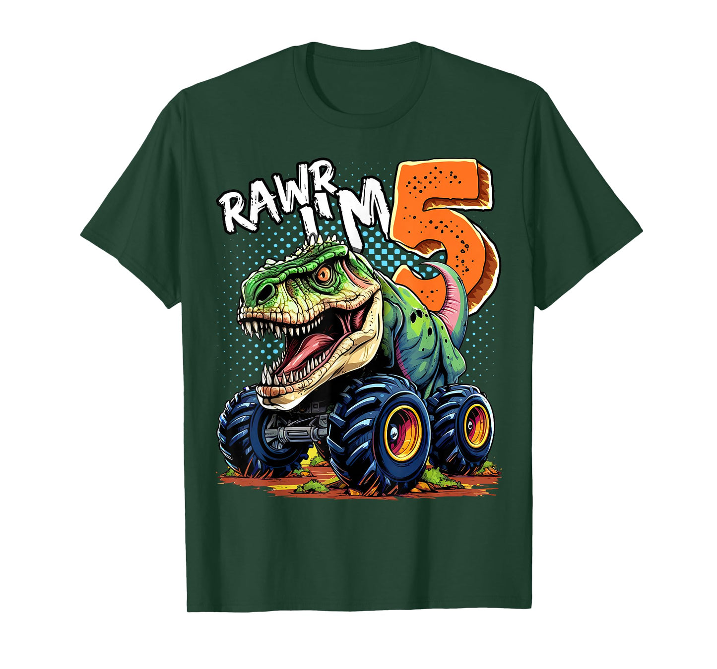 Monster Truck Dinosaur T-Rex 5th Birthday Boy 5 Year Old T-Shirt
