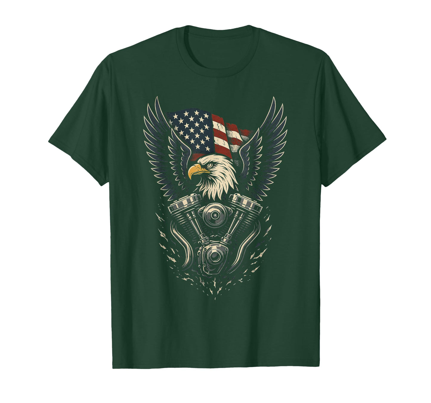 Patriotic Bald Eagle V Twin Engine American Flag Biker T-Shirt