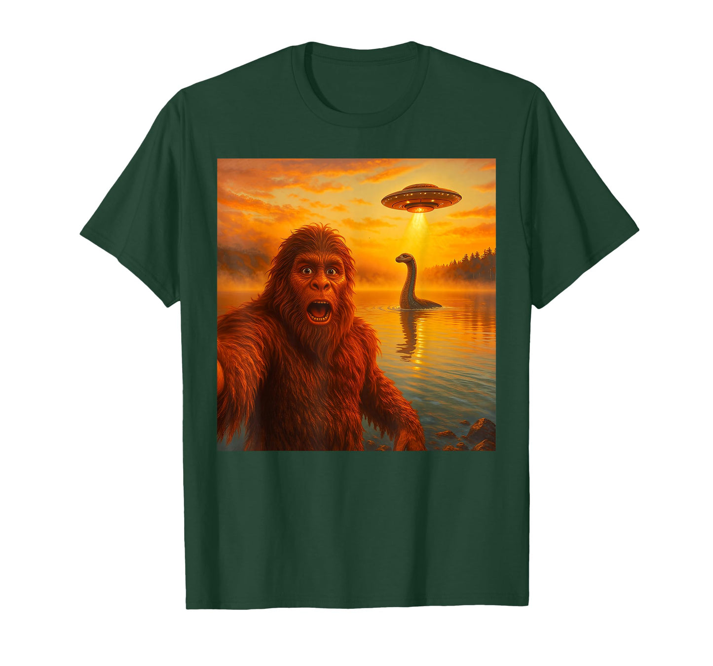 Funny Bigfoot Selfie with Loch Ness Monster and UFO Aliens T-Shirt