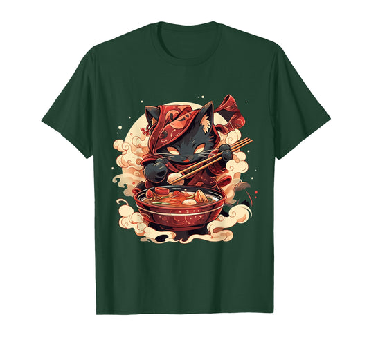 Japanese Art Ramen Cat Ninja Ukiyo-e Anime Style Samurai Cat T-Shirt
