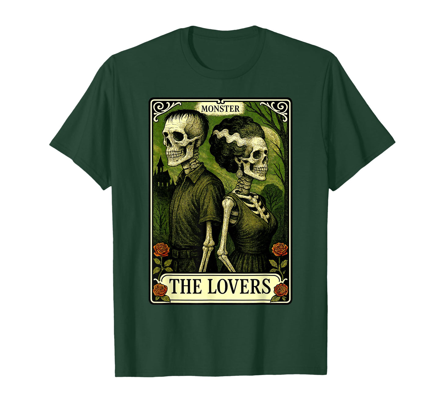 Monster Frankenstein and Bride Lovers Tarot Card Skeleton T-Shirt