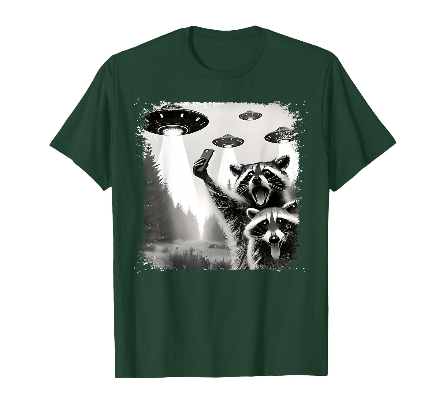 Funny Raccoon Selfie With Alien UFO Funny Raccoon Men Women T-Shirt