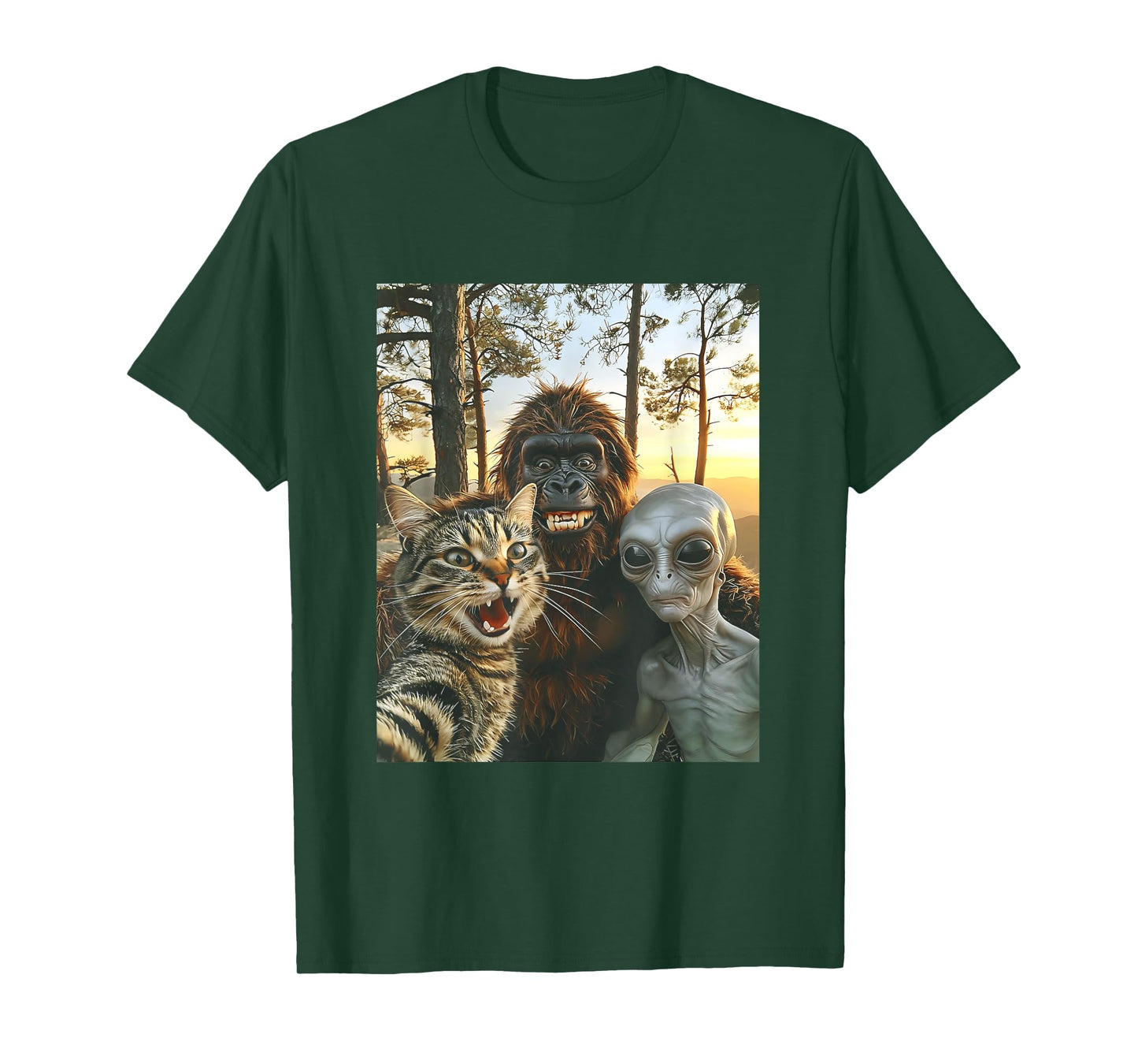 Cat Monkey And Alien Selfie BFF Funny Photo With UFO Sci-fi T-Shirt