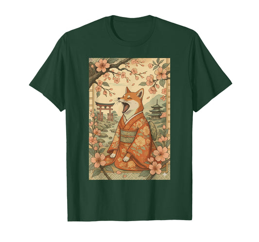 Funny Dog Shirt in Kimono Cherry Blossom Japanese Art T-Shirt