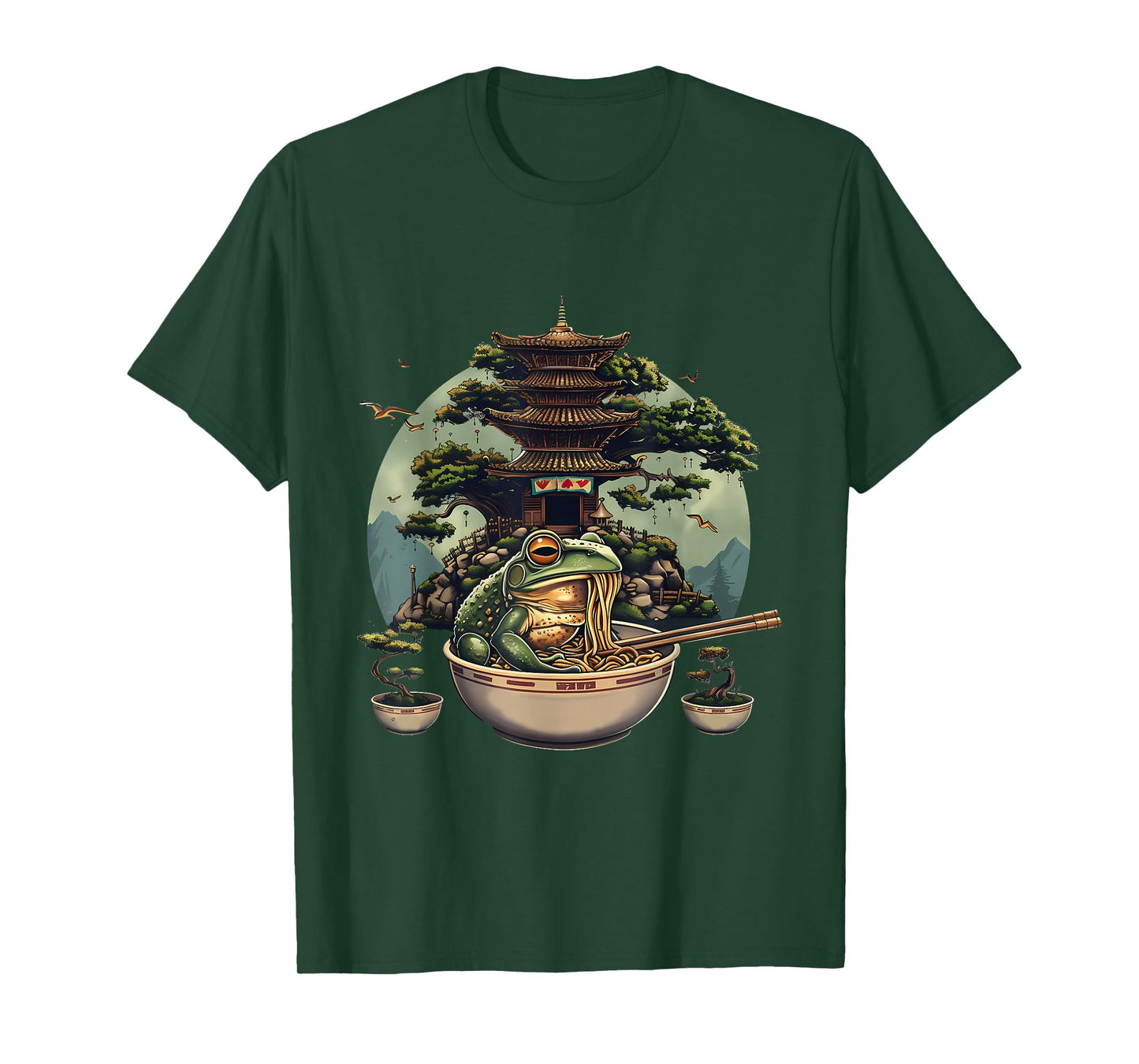 Frog Eating Ramen Noodles Pagoda Bonsai Tree Ramen Noodles T-Shirt