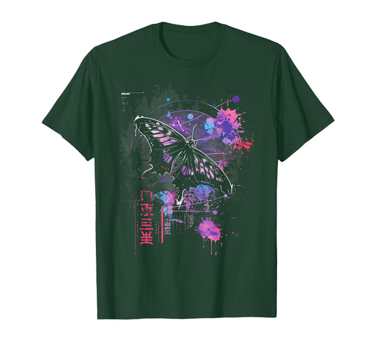 Anime Japanese Goth Cyberpunk City Butterfly Abstract Art T-Shirt