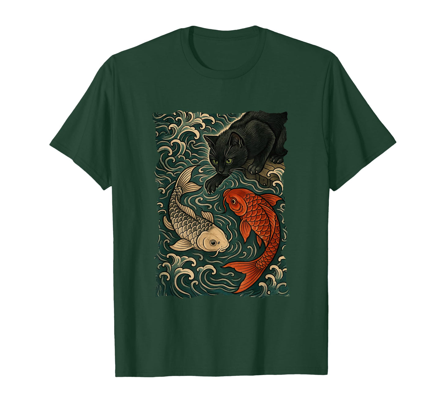 Cat Graphic Tee Women Men Funny Yin Yang Fish Japanese Art T-Shirt