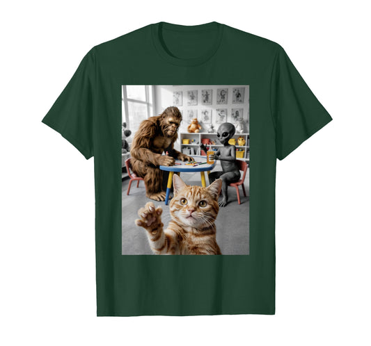 Funny School Classroom Cat Selfie with Bigfoot and Alien T-Shirt