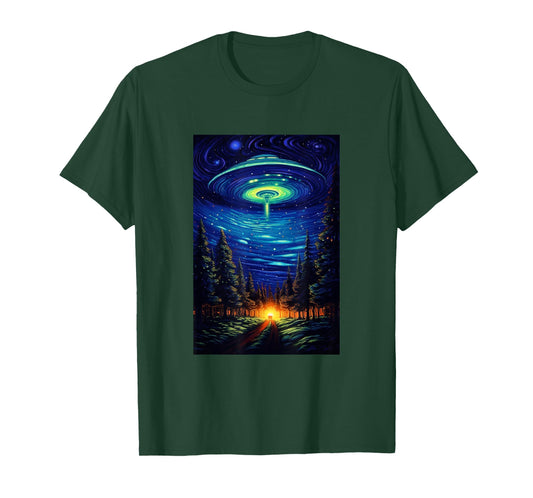 UFO Aliens Flying Saucer - Van Gogh Style - Starry Night T-Shirt